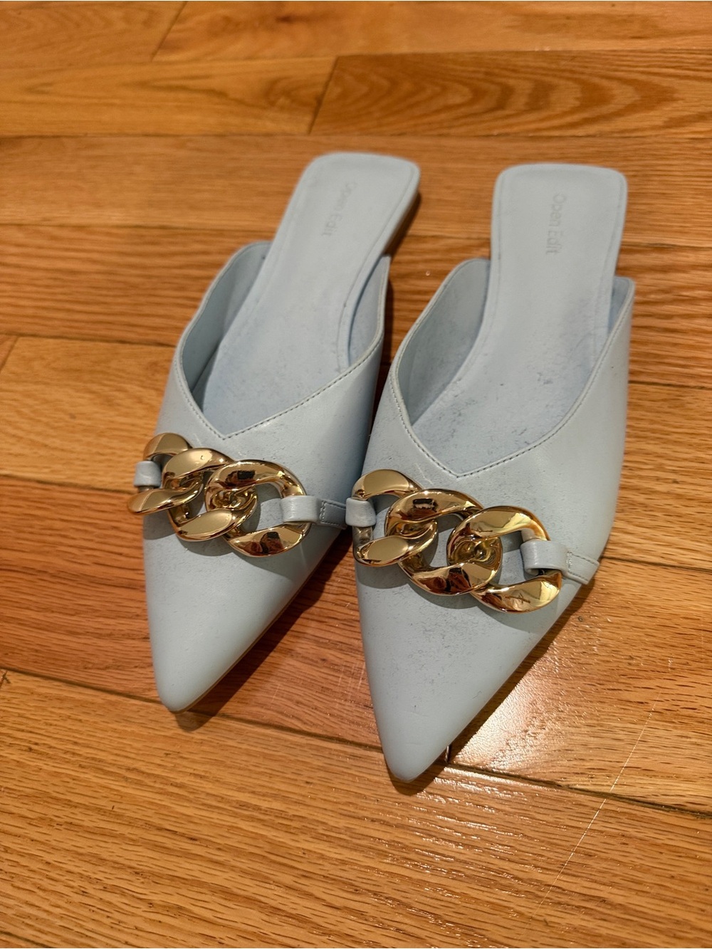 Pointed Light Blue Slip-On Mules with Gold Chain Accent